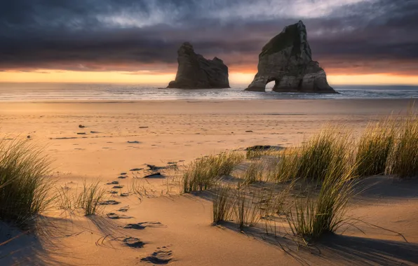 Sunset, new zealand, Wharariki Beach