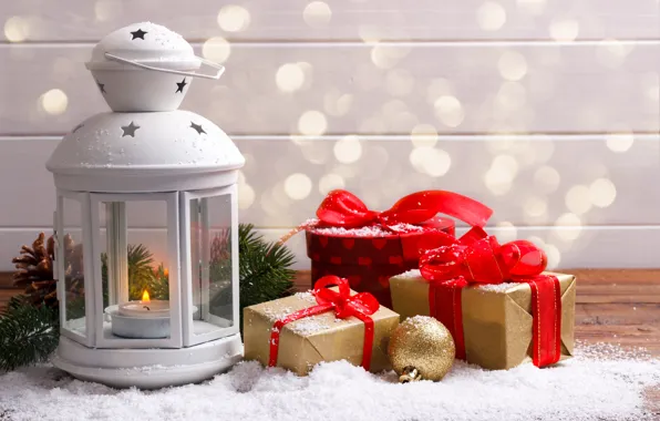 Картинка зима, снег, украшения, Новый Год, Рождество, фонарь, подарки, Christmas