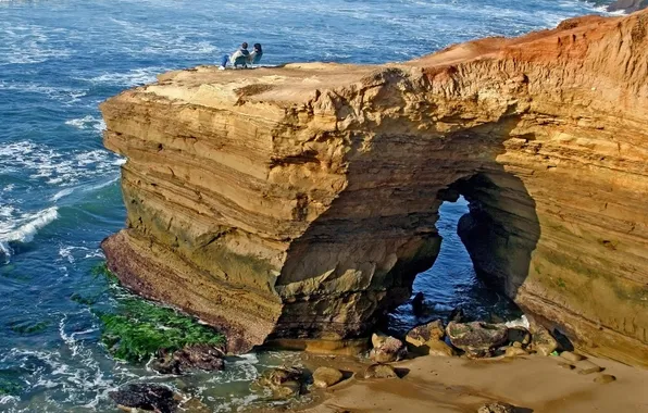 Картинка море, океан, скалы, женщина, вид, пара, прибой, арка
