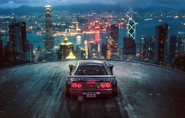 City, lights, night, gtr34