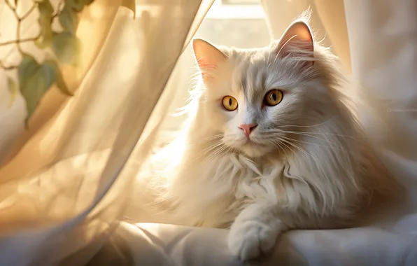 Кошка, белый, кот, взгляд, свет, поза, ткань, мордашка