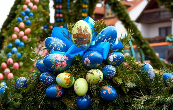 Цветы, ветки, город, праздник, яйца, весна, желтые, Пасха