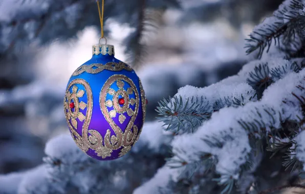 Картинка снег, игрушка, елка, новый год, рождество, ветка, украшение