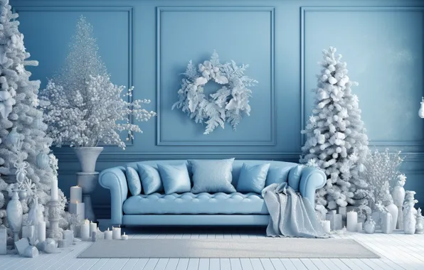 Картинка зима, украшения, комната, шары, елка, интерьер, Новый Год, Рождество