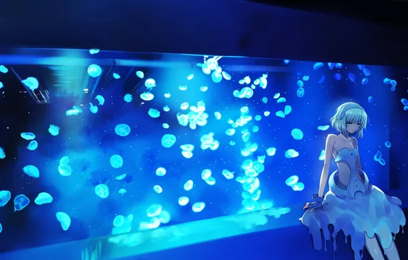 Картинка темно, аквариум, арт, медузы, девочка, harano