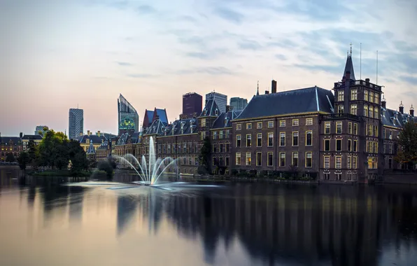 Картинка река, дома, вечер, фонтан, Нидерланды, Hague