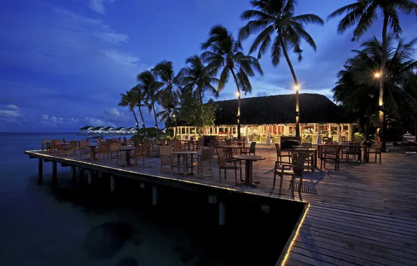 Картинка пальмы, океан, вечер, ресторан