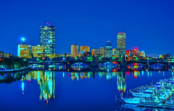 Город, огни, здание, США, Бостон, Boston