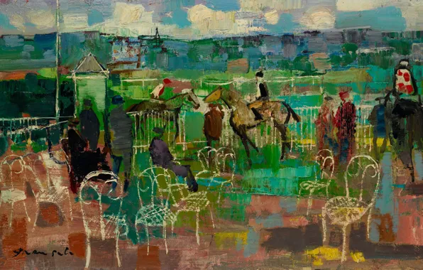 Люди, стулья, картина, лошади, Emilio Grau Sala, The Paddock at Deauville