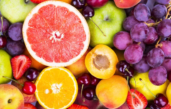 Картинка ягоды, апельсины, виноград, фрукты, fresh, грейпфрут, fruits, berries