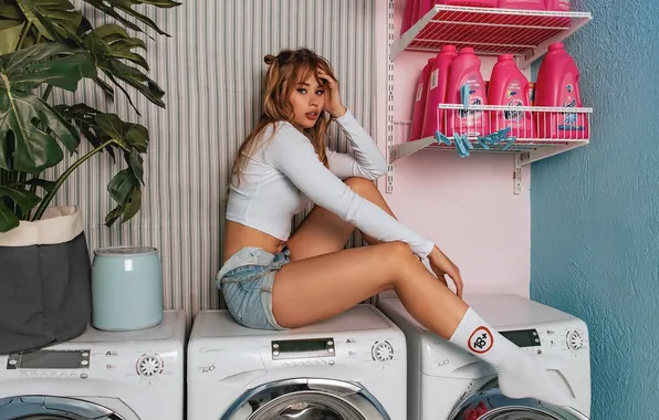 Model, women, washing machine, thighs, white socks, red lipstick, hands in hair, white tops