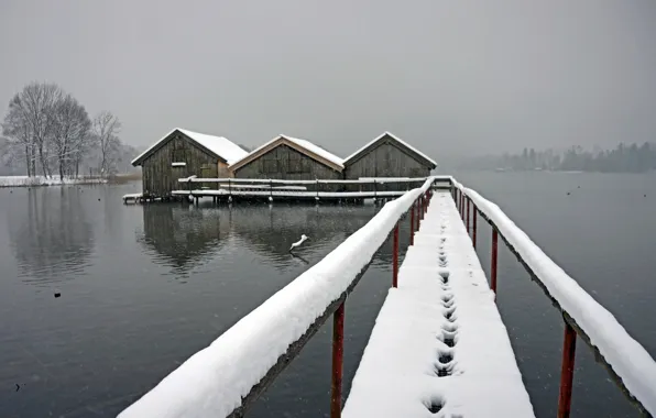 Снег, мост, туман, озеро