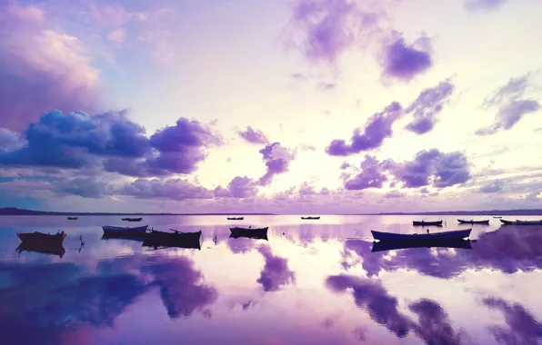 Океан, лодки, вечер, ocean, purple sunset
