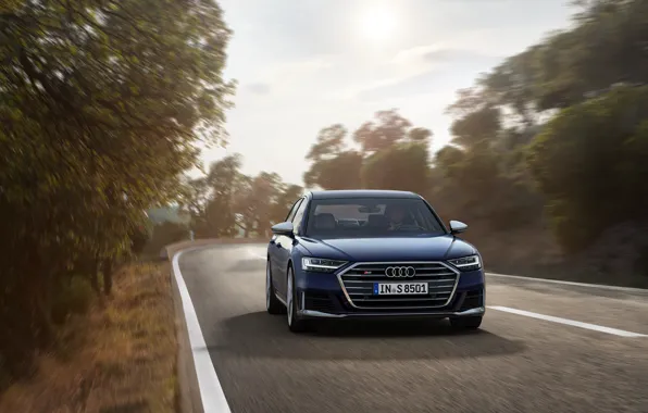 Деревья, синий, Audi, седан, обочина, Audi A8, Audi S8, 2020