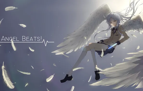 Девушка, крылья, аниме, перья, арт, ангельские ритмы, Angel Beats!, tachibana kanade