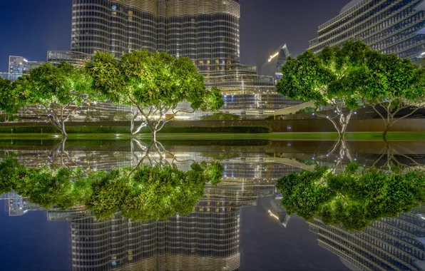Картинка деревья, отражение, дома, бассейн, Дубай, ОАЭ