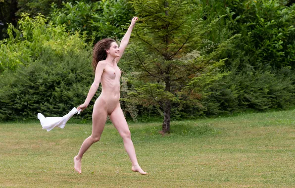 Happy, pussy, nipples, boobs, smile, tree, nude, brunette