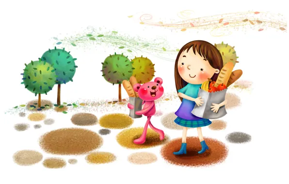 Картинка деревья, улыбка, парк, ветер, рисунок, хлеб, девочка, фрукты