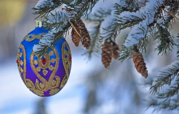 Картинка снег, игрушка, елка, Новый Год, Рождество, украшение, шишки