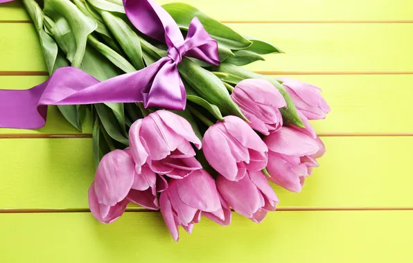 Картинка цветы, букет, лента, тюльпаны, розовые, wood, pink, flowers