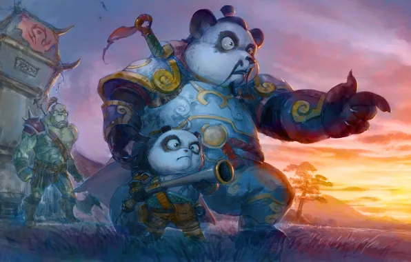 Арт, ружьё, World of Warcraft, орк, Пандарены, сын и отец