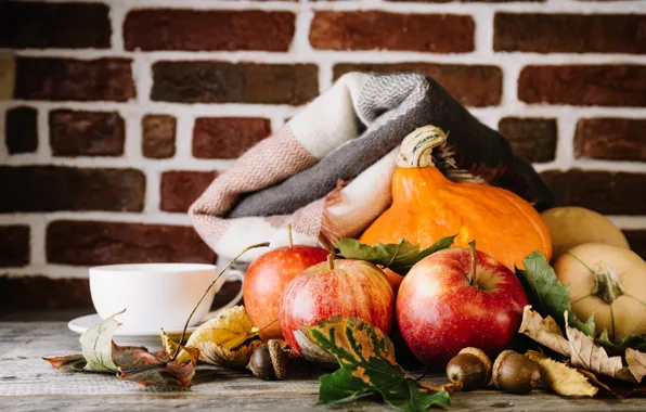 Картинка осень, листья, яблоки, тыква, осенние плоды