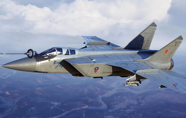 Картинка истребитель-перехватчик, Foxhound, двухместный сверхзвуковой всепогодный, ОКБ МиГ, МиГ-31Б, Серийная модификация МиГ-31, оснащённая системой дозаправки в …