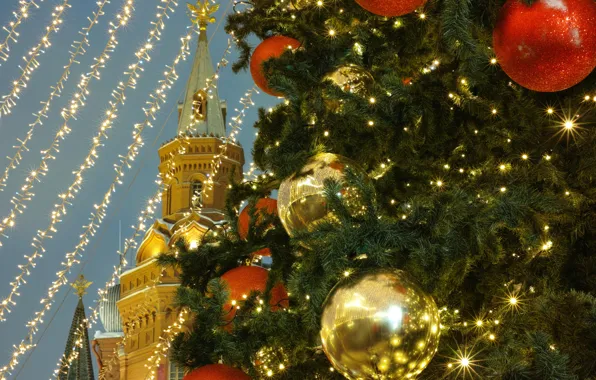 Картинка шары, Рождество, Москва, Новый год, ёлка, Россия, Красная площадь, гирлянды