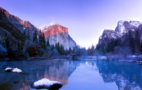 Картинка зима, облака, снег, деревья, пейзаж, горы, природа, озеро