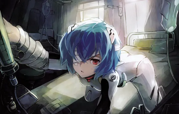 Отчаяние, боль, Neon Genesis Evangelion, Ayanami Rei, бинты, капельница