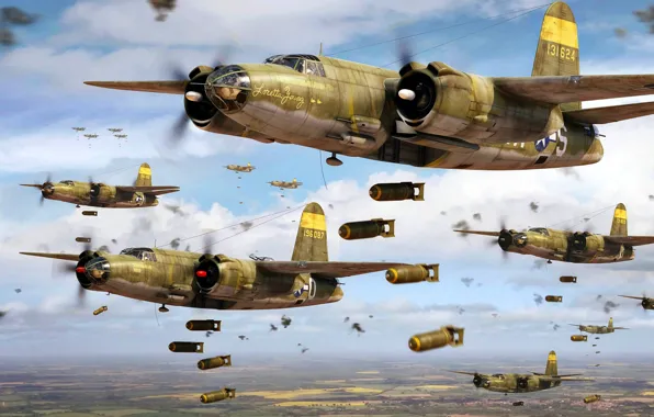 США, Marauder, WWII, Бомбардировка, B-26, Авиабомбы, Тактический бомбардировщик