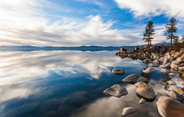 Картинка вода, облака, озеро, отражение, камни, Nevada, Carson City County