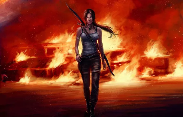 Картинка девушка, пожар, Tomb Raider, Лара Крофт