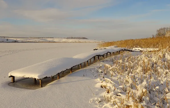 Картинка зима, снег, мост, озеро