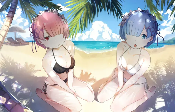 Пляж, купальник, девушки, демоны, anime, art, сёстры, Ram