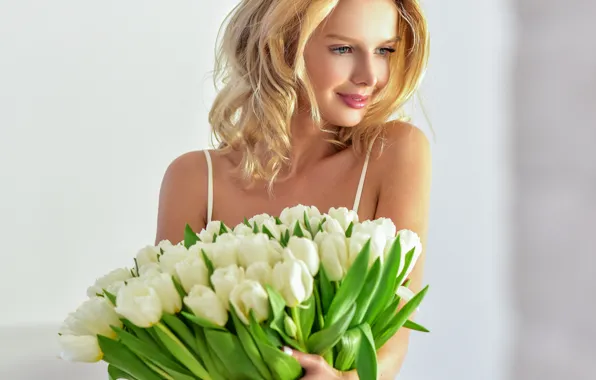 Девушка, цветы, улыбка, букет, макияж, прическа, блондинка, тюльпаны