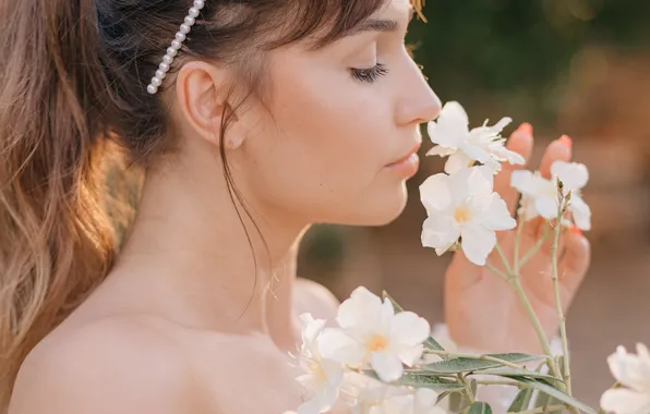 Девушка, солнце, цветы, природа, портрет, боке