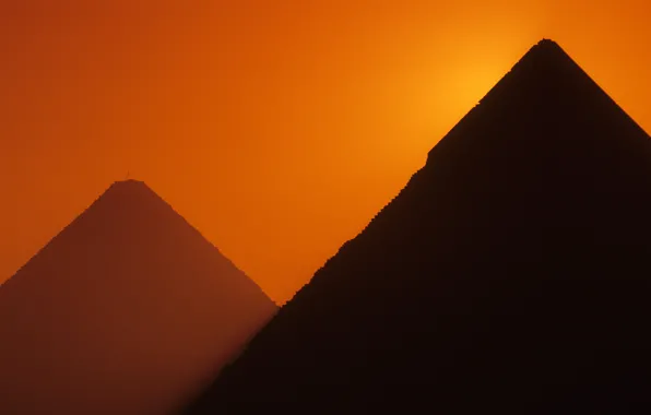 Картинка закат, Гиза, зарево, Египет, пирамиды