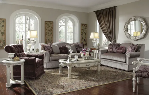 Цветы, дизайн, стиль, диван, подушки, зеркало, окно, столик