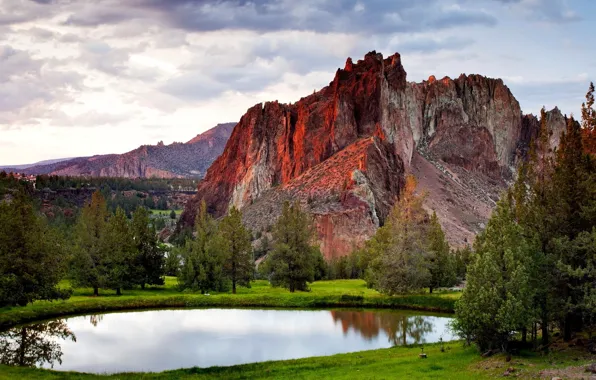 Картинка небо, облака, деревья, горы, озеро