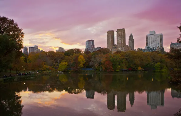 USA, skyline, trees, sunset, New York, Manhattan, NYC, New York City