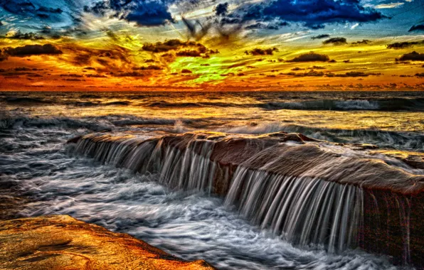 Закат, Водопад, Картина, Красота, Фотошоп