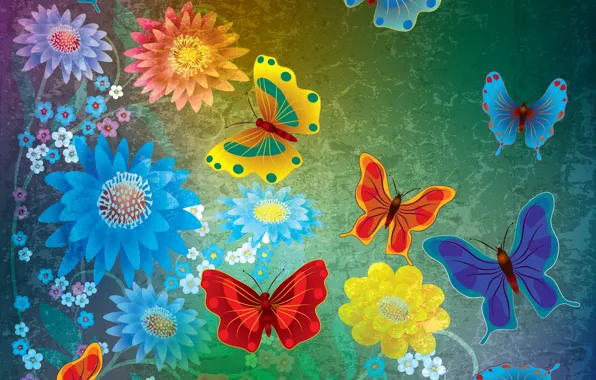 Бабочки, цветы, abstract, design, flowers, grunge, butterflies