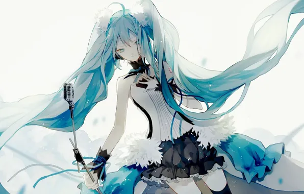 Картинка белый фон, мех, микрофон, корсет, голубые глаза, vocaloid, Hatsune Miku, длинные волосы