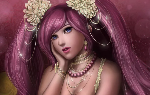 Картинка девушка, украшения, арт, бусы, розовые волосы, хвостики, заколки, Lilyzou
