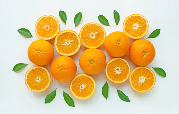 Апельсины, фрукты, fresh, листики, leaves, orange, fruits