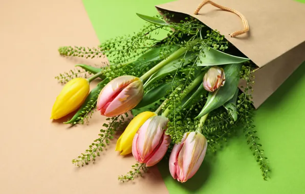 Картинка цветы, букет, пакет, тюльпаны, yellow, pink, flowers, tulips