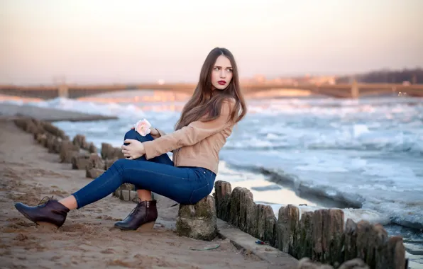 Картинка rose, beach, sky, bridge, model, women, bokeh, jeans