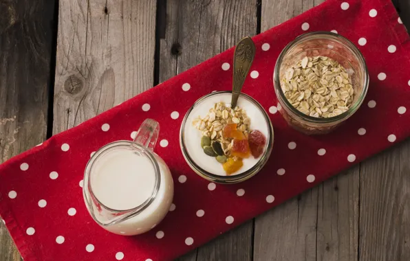 Завтрак, wood, milk, йогурт, Breakfast, yogurt, овсянка