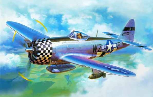 Картинка самолет, истребитель, арт, США, бомбардировщик, ВВС, Republic, WW2.